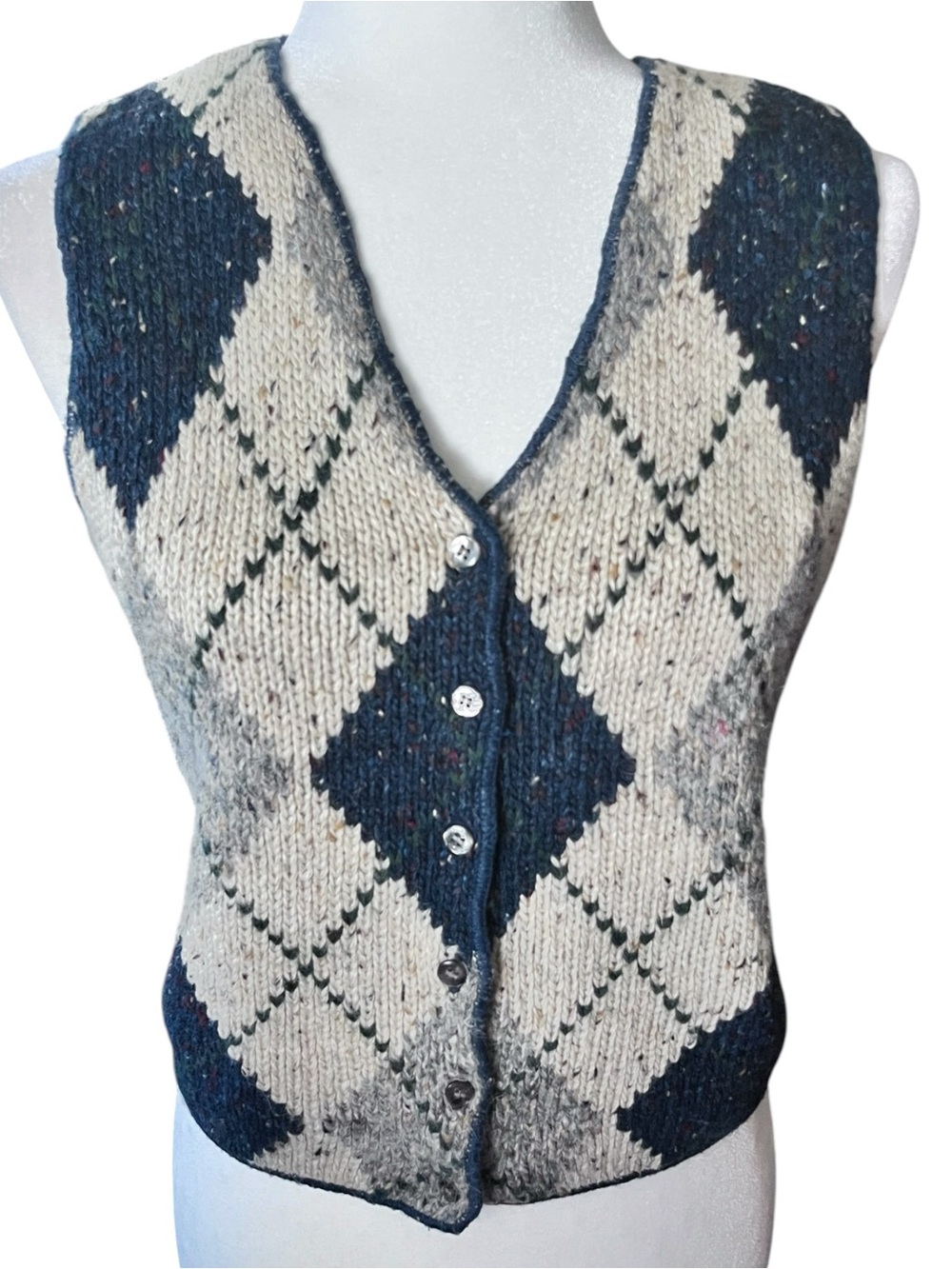 Vintage 90s The Limited Argyle Sweater Vest Button Up Knit Blue Tan Size Small